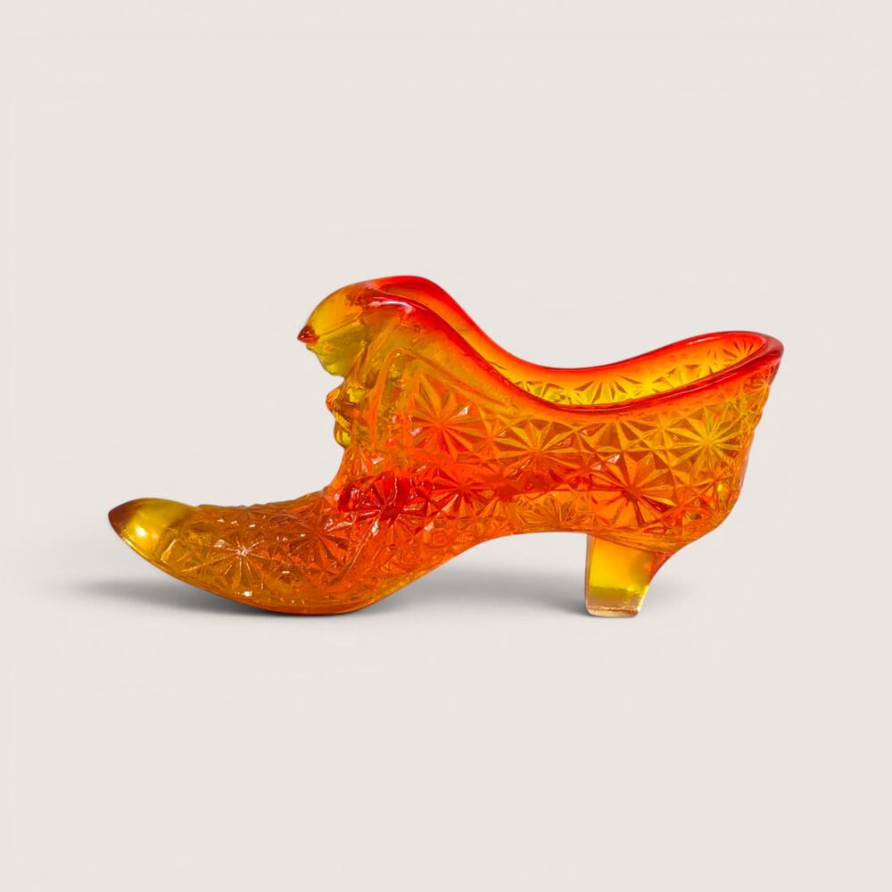 1960s Fenton Amberina Glass Slipper Daisy and Button Cat Head Shoe Figurine